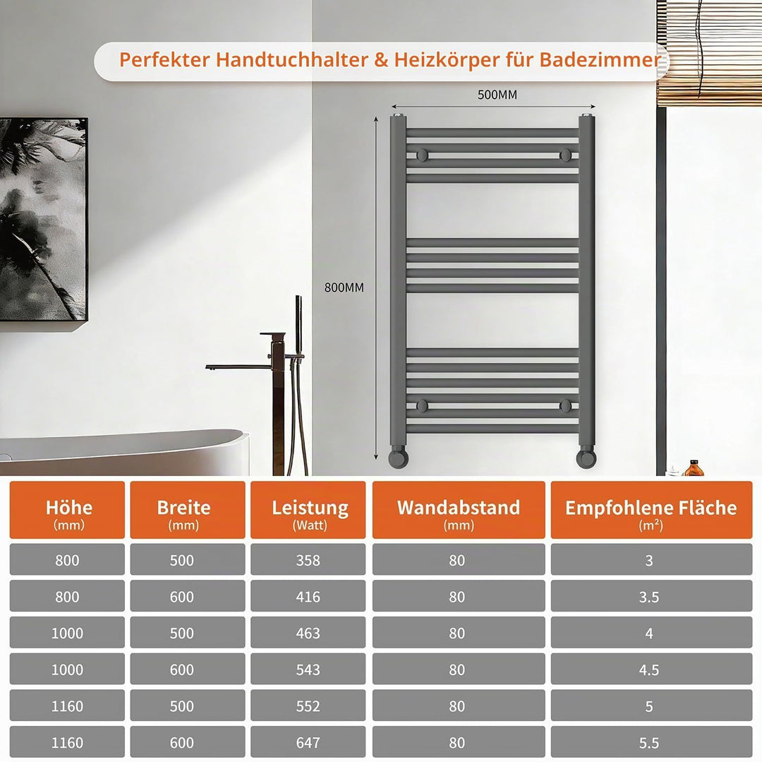 Badheizkörper Seitenanschluss 800x500mm, 300W Handtuchheizkörper &amp; Handtuchtrockner, Einfach Install