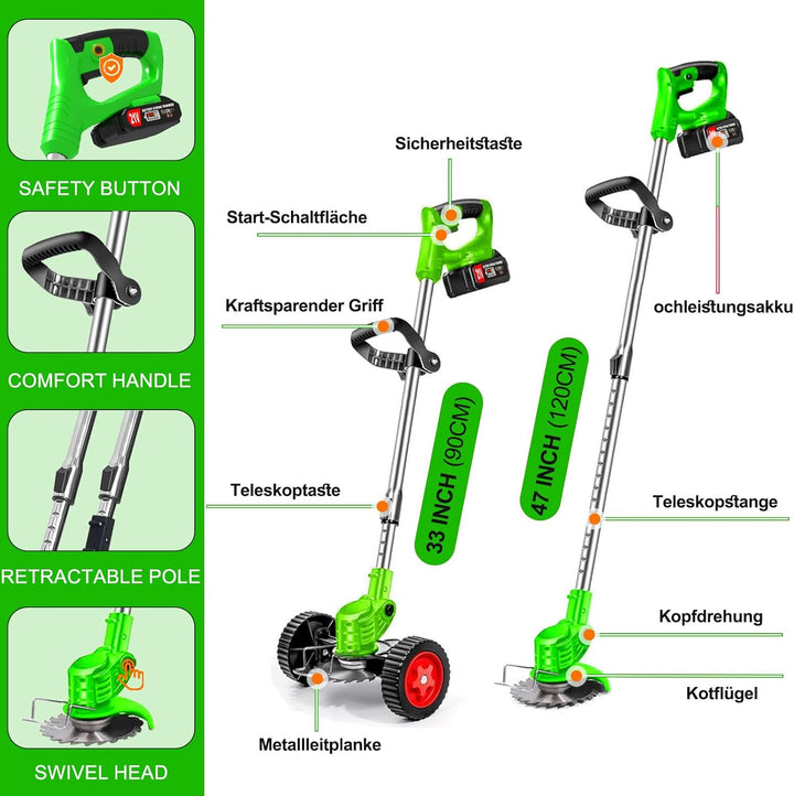 Akku-Rasentrimmer 21V Elektrischer Rasentrimmer - Motorsense akku Mit 2x2000mAh Batterie und 4 Messe
