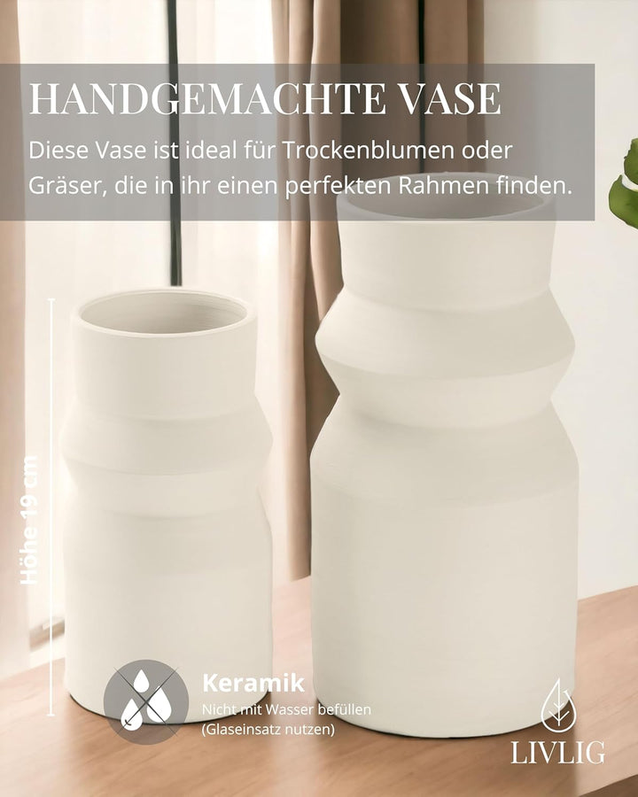 LIVLIG Handgefertigte Vase weiss, Trockenblumenvase, Keramikvase, Dekovase, Tischdeko, Bodenvase, Hö