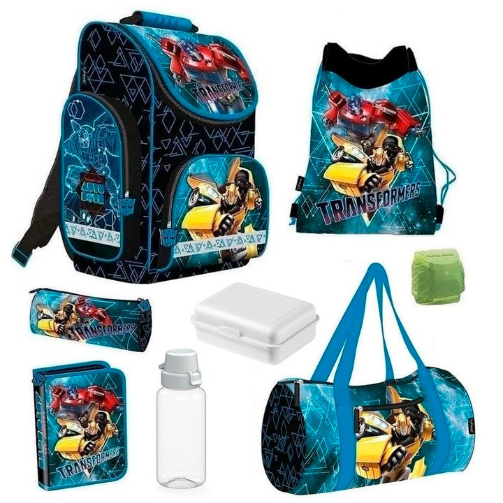 Familando Transformers Schulranzen-Set 8-tlg. | Ranzen 1. Klasse | Schultasche mit Sporttasche | Bla