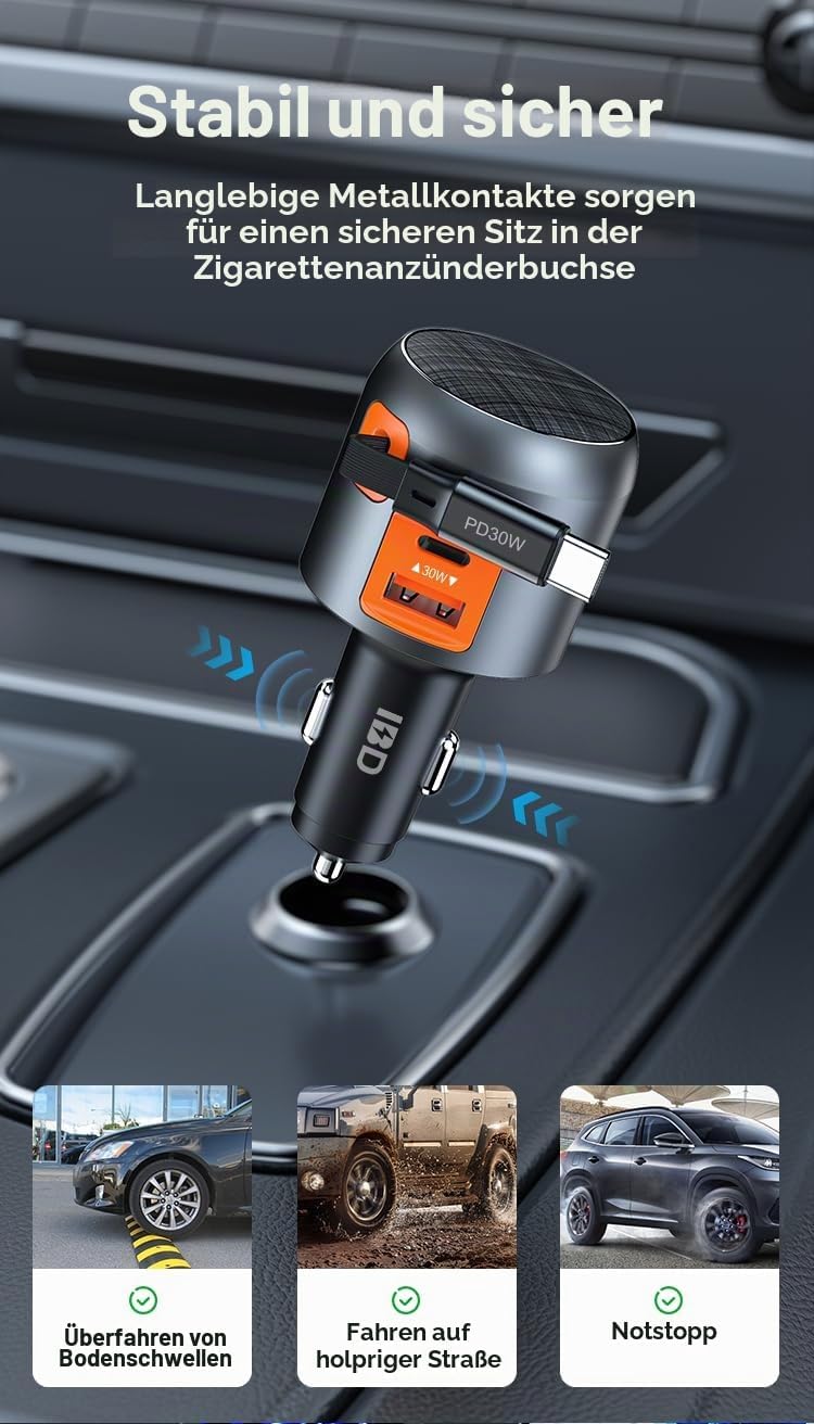 Zigarettenanzünder Ladegerät USB C Retractable 60W PD QC 3.0 Autoladegerät Compact Quick Charge Komp