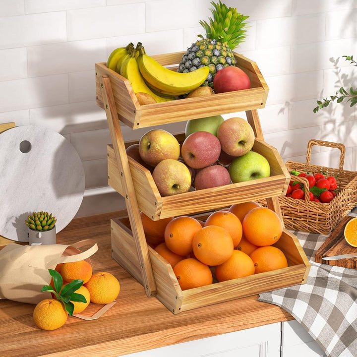 Calm Cozy Obstkorb aus Holz 3 Etagen, Gemüsekorb Obst Etagere, Aufbewahrung Halter für Obst, Kuchen,