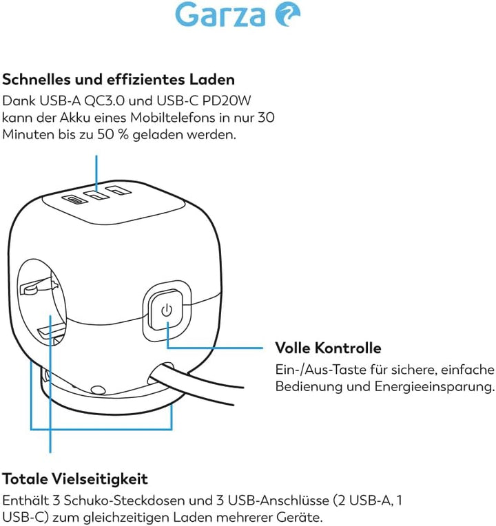 6-in-1-Steckdosenleiste CUBO mit 3 Schuko-Steckdosen, 2 USB-A- und 1 USB-C-PD20W-Anschluss, Schnelll