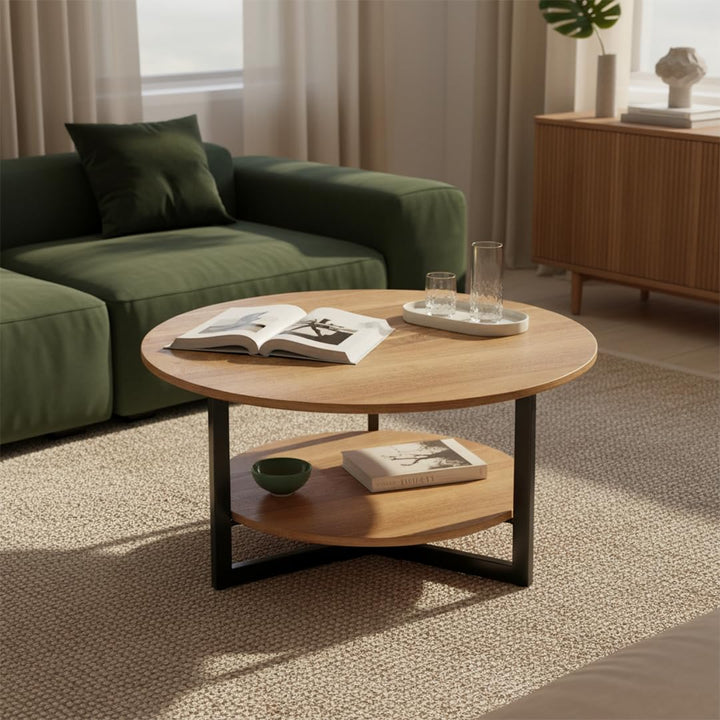 skølm Drakkar Couchtisch rund Ø70 cm – Wohnzimmertisch aus Massivholz Eiche & Metallgestell – Sofati