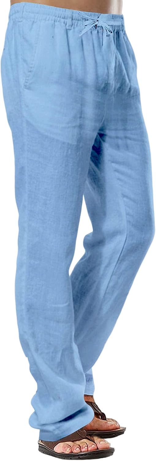 Herren Leinenhose Casual Baumwolle Hose Sommer Strand Hosen Leichte Tunnelzug Hose S Blau, S Blau