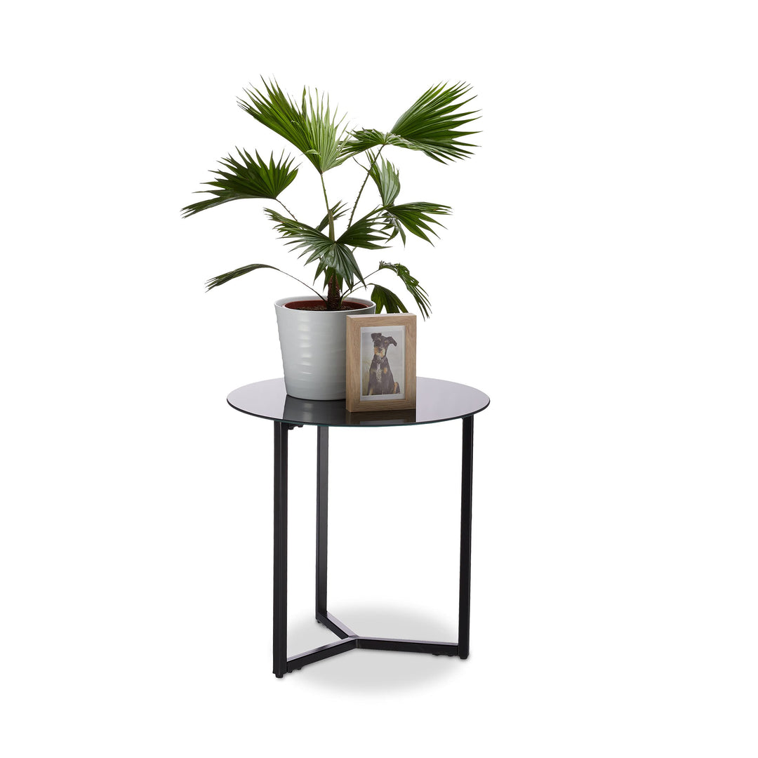 Relaxdays Schwarz Runder Beistelltisch aus Glas und Metall, dekorativer Loungetisch, HxBxT: 51 x 50