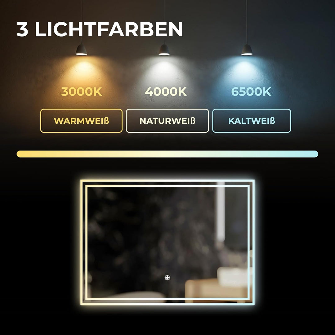 BR Bringer LED Badspiegel - 70x50 cm - Badezimmerspiegel mit Beleuchtung und Anti-Beschlag Funktion