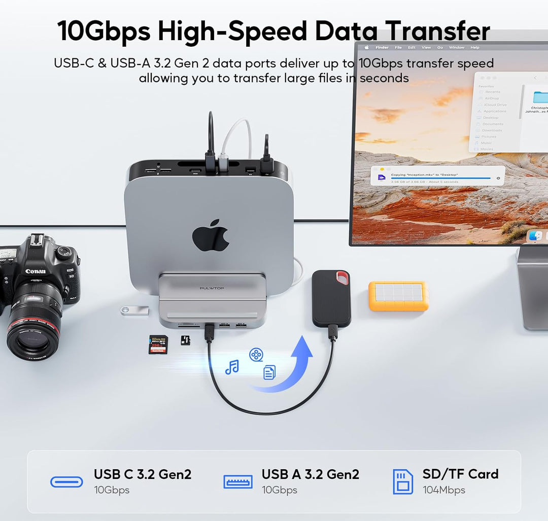 PULWTOP Mac mini Hub Ständer mit M.2 PCIe NVMe SSD-Gehäuse, 8-in-1 Vertikale Dock mit USB A/C 10 Gbi