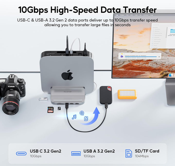 PULWTOP Mac mini Hub Ständer mit M.2 PCIe NVMe SSD-Gehäuse, 8-in-1 Vertikale Dock mit USB A/C 10 Gbi