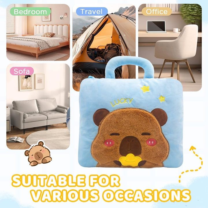 2-in-1 Capybara Decke und Kissen, 2-in-1 Kissendecke Plüsch Fleecedecke Warm Reisedecke, Tragbare Fl