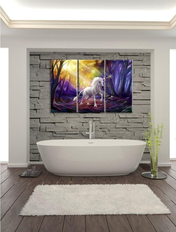 Pixxprint Einhorn im Märchenwald als Leinwandbild | Grösse: 3 Teilig (120x80) | Wandbild| Kunstdruck
