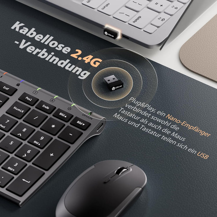 iClever GK03 2.4G Tastatur Maus Set Kabellos, Aluminium Wireless Slim Tastatur QWERTZ Layout (Deutsc