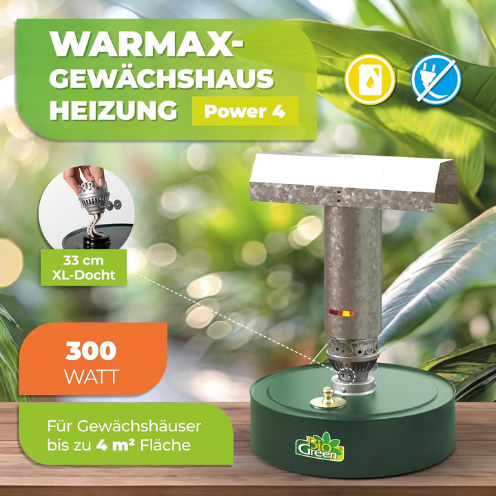 BioGreen Paraffin-Gewächshaus-Heizung WARMAX POWER 4 | max. 300 Watt Heizleistung | für Gewächshäuse