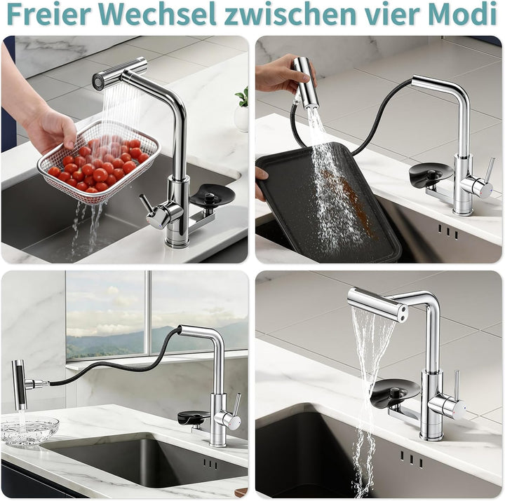 360° drehbarer Wasserhahn Küche ausziehbar mit Brause (Chrom) | wasserfall Mischbatterie Küche mit G