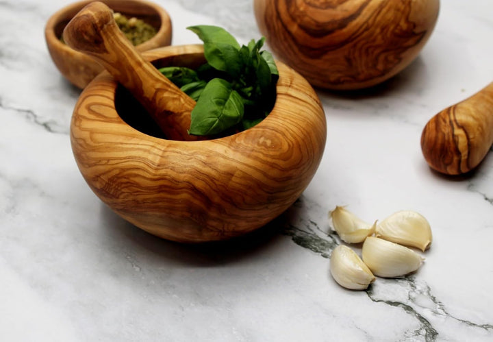 DAGDEG Mörser &amp; Stössel rund aus Olivenholz, Holzmörser,Kräuter-Gewürz-Mörser aus Holz, Kräutermühle