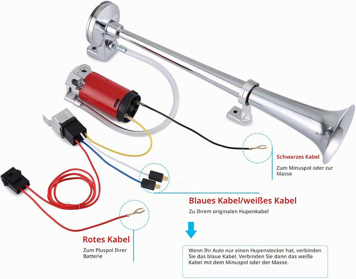 Rupse Hupe 12V, Luft Horn Kit mit Kompressor, 118DB | Air Horn LKW mit Kabelbaum, 450 mm, -40℃ to +6