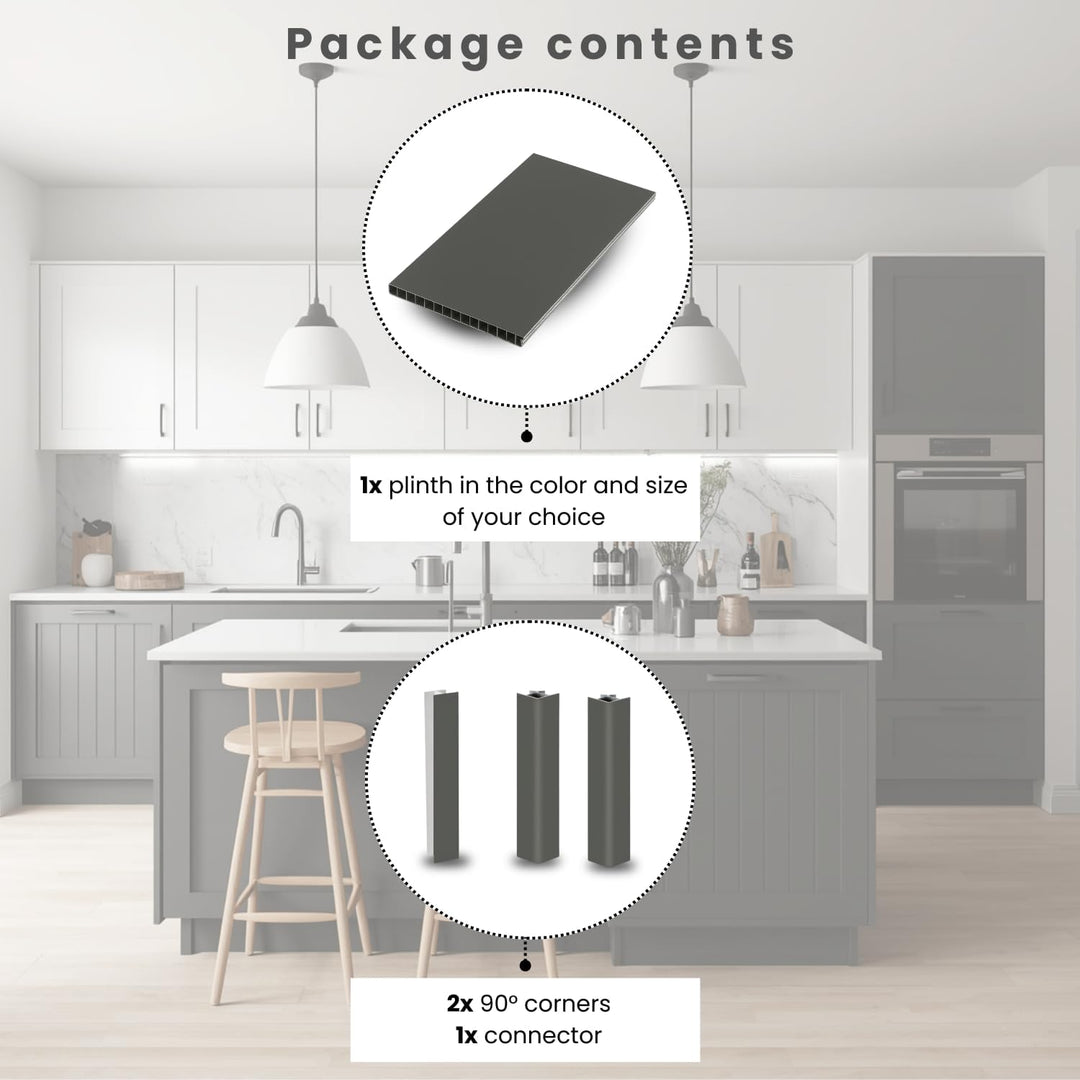 Evotrade Küchensockel – Sockelleiste L 2,5 m aus PVC | Höhe und Farben wählbar + Zubehör (2 Eckkappe