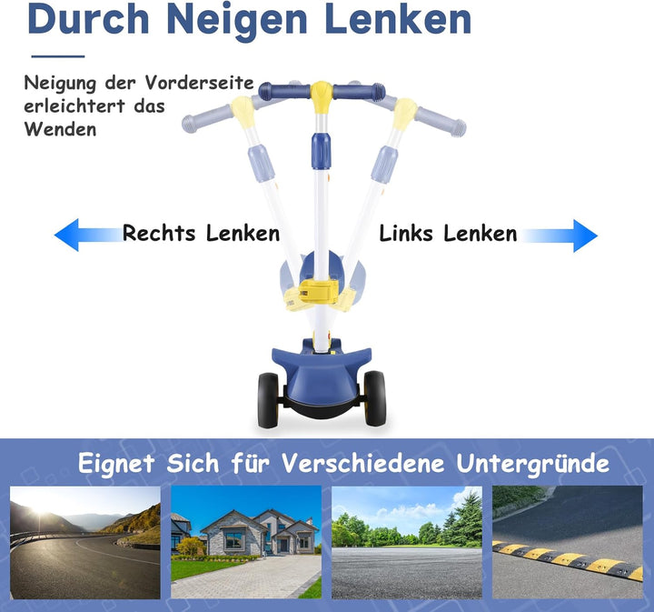 Wheelive 2-in-1 Kinder Roller mit Abnehmbarer Sitz, Kinder Scooter mit Blinkenden LED Räder, 4 Höhen