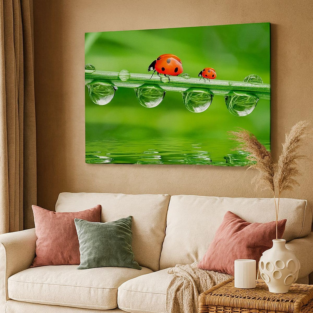 Bilder auf Leinwand 100x70cm Leinwandbild Marienkäfer Wasser Grün Umwelt Gross Wanddeko Bild Schlafz