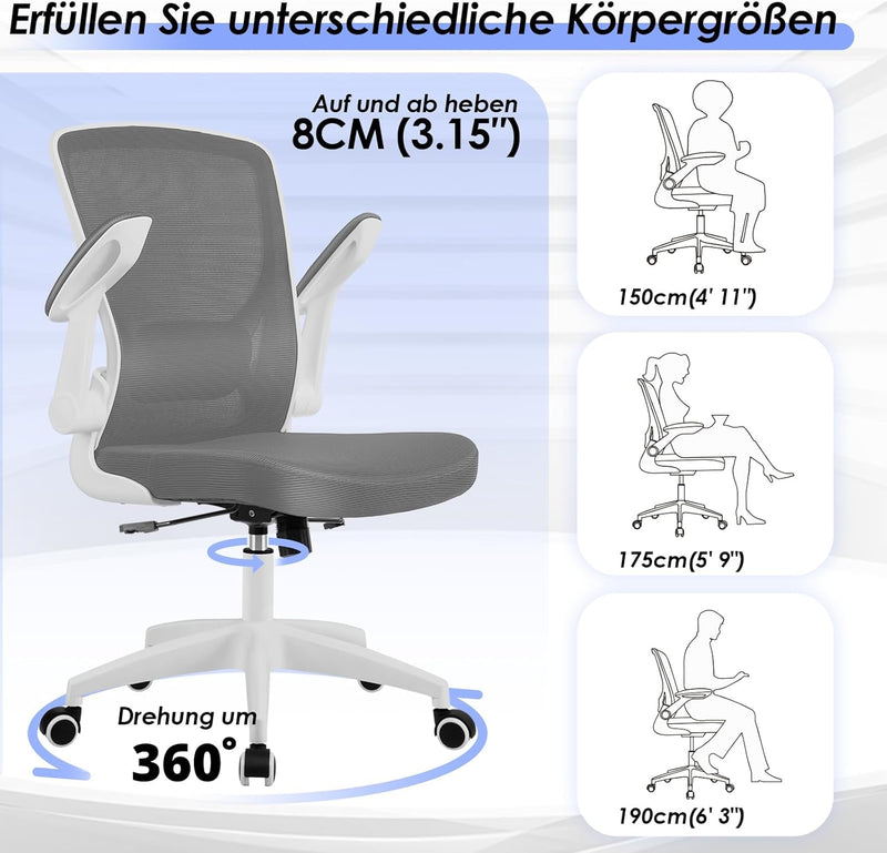 KERDOM Bürostuhl, Ergonomischer Schreibtischstuhl mit Klappbaren Armlehnen, 360° Drehstuhl Mesh Comp