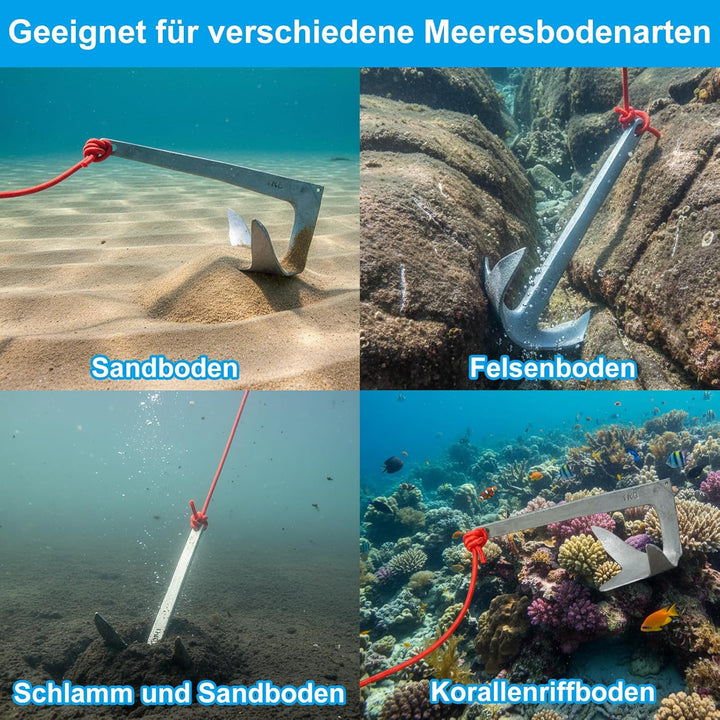 BeGrit 1KG Bruce Anker Stahl Verzinkt mit 10m reissfesten Ankerleine ø 6 mm &amp; Ankerboje Kugel Set fü