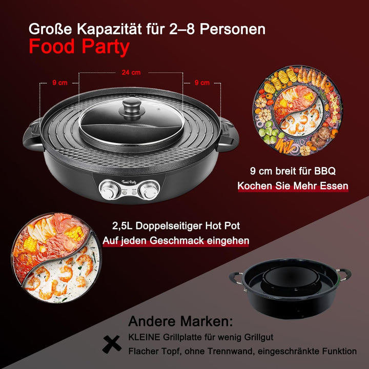 Food Party Hot Pot und grill Elektrisch Hotpot Topf 220V 2200W Elektrogrill 2 in 1 Electric Hot Pot