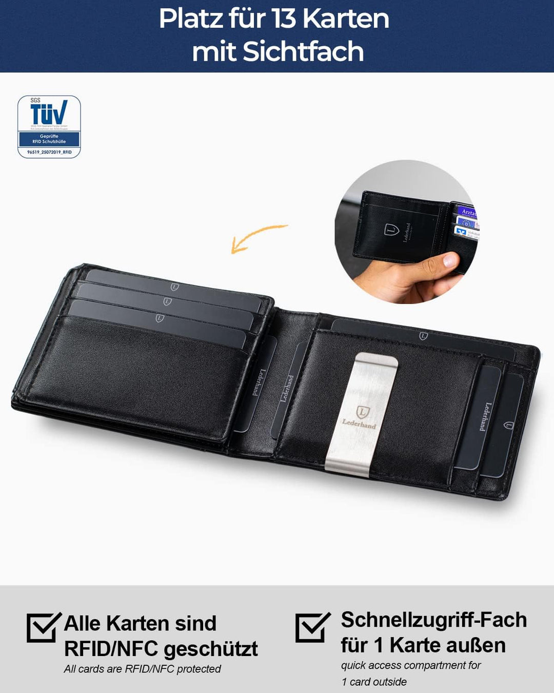 Lederhand® iSlim XL - Nappa Leder Geldbeutel mit Geldklammer und Münzfach, 13 Kartenfach + 1 Sichtfe