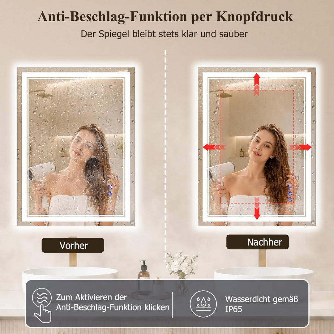 XRAMFY Badspiegel mit Beleuchtung LED 80×50CM, 3 Farbtemperaturen &amp; stufenloses Dimmen, Anti-Beschla
