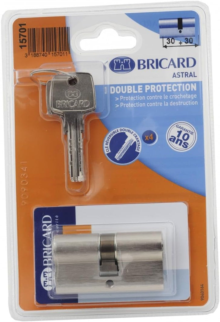 BRICARD 15701 Zylinder Astral 2, 9 Messing vernickelt 10 Kolben, 2 Eingänge 30 + 30, Protektoren geg