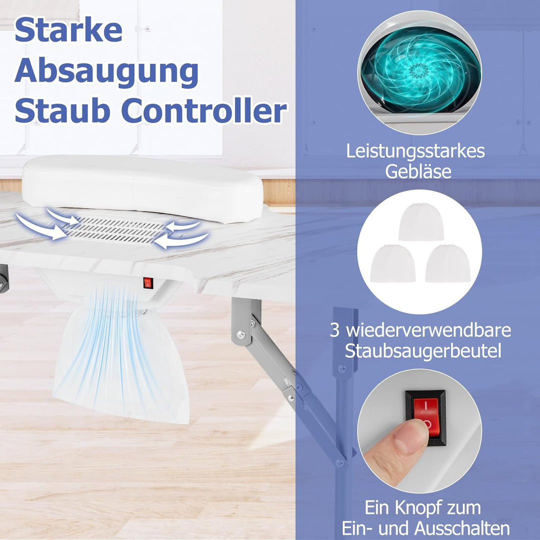 COSTWAY Maniküretisch klappbar, Nageltisch mit elektrischem Staubsammler, LED-Lampe, Handgelenkaufla