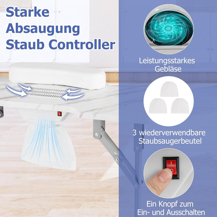 COSTWAY Maniküretisch klappbar, Nageltisch mit elektrischem Staubsammler, LED-Lampe, Handgelenkaufla