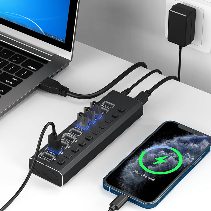 USB-3.0-Hub, Aluminium, 10 Anschlüsse, USB-3.0-Daten-Hub mit 12 V/4 A (48 W) Netzadapter und individ