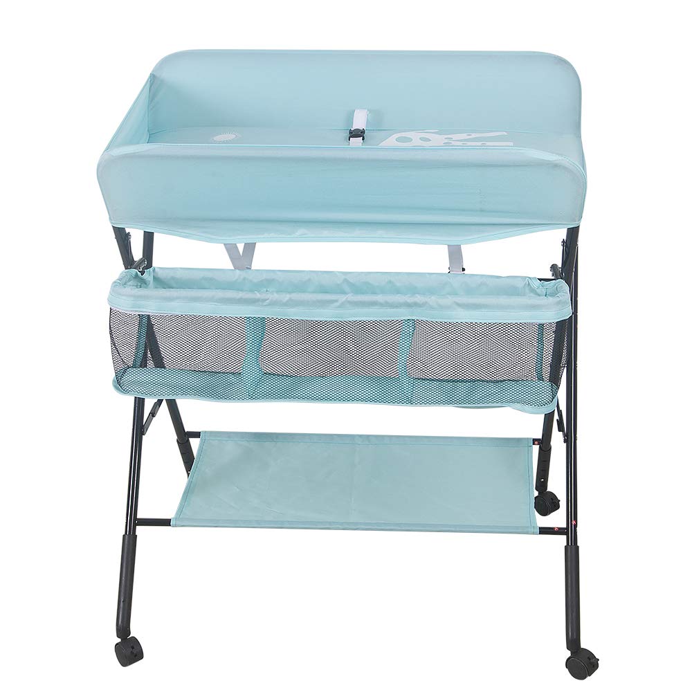 Baby Wickeltisch Klappbar, Höhenverstellbare Wickelkommode mit Sicherheitsgurt und Stauraum, Tragbar