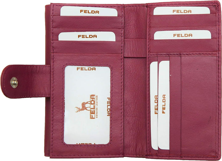 FELDA RFID-Damen-Geldbörse, echtes Leder, Mehrfarbig, weiche Kreditkarten-Geschenkbox Purse Weinrot,
