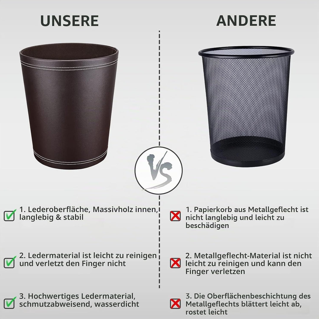 GORESE Papierkorb Büro - Papierkorb aus Leder in Schwarz, modernes Design, Mülleimer für Küche, Bad,