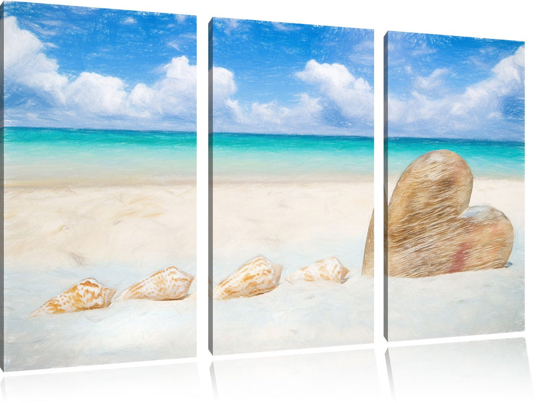 Pixxprint Sandstrand mit Muscheln als Leinwandbild/Grösse: 3 Teilig (120x80) cm/Wandbild/Kunstdruck/