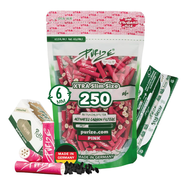 PURIZE® XTRA Slim Size Aktivkohlefilter SET (250er Spezial Set) (pink), Pink
