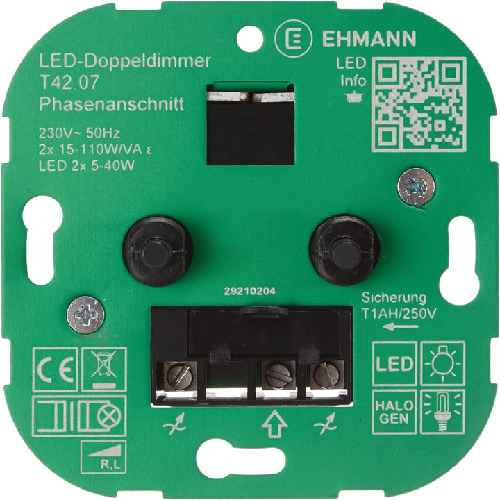 EHMANN 4295x0700 T42.07 Unterputz-Doppeldimmer mit Abdeckung 55x55, Phasenanschnitt, 230 V, 50 Hz, L