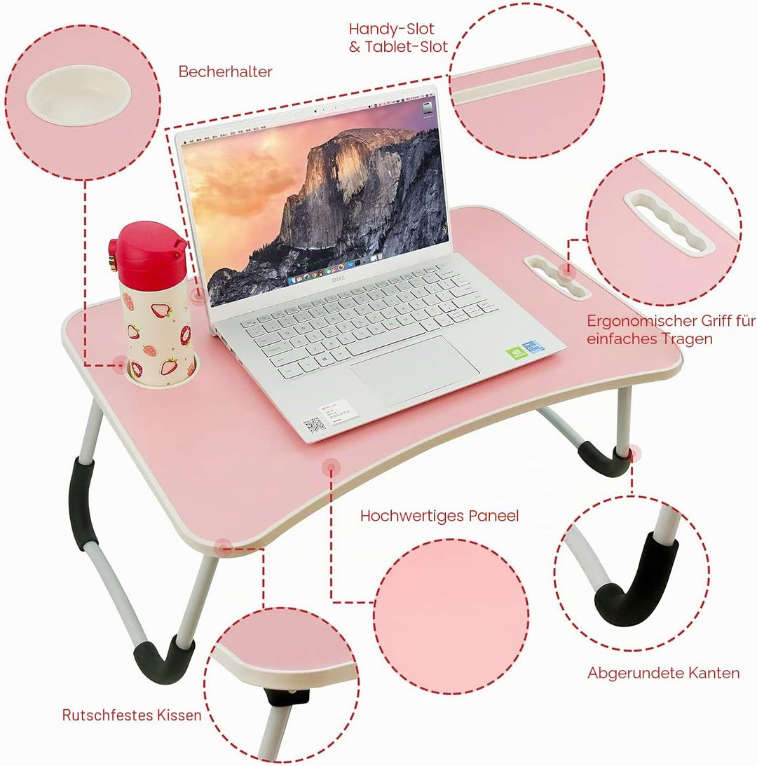 Verstellbarer Laptop-Schreibtisch, faltbarer Arbeitstisch mit Getränkehalter, rutschfestes Kissen, l