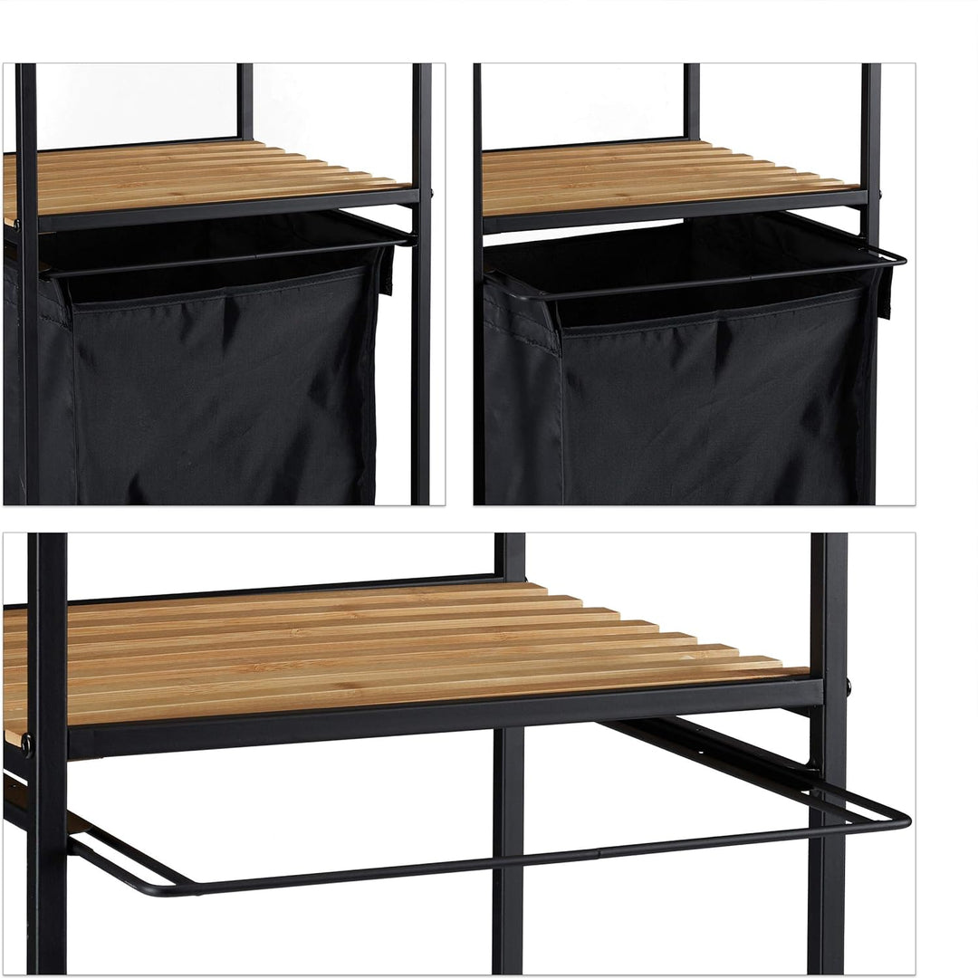 Relaxdays Rollregal Bad, 2 Ablagen, Badregal mit Wäschekorb, Metall, Bambus, HBT: 89,5 x 39 x 32,5 c