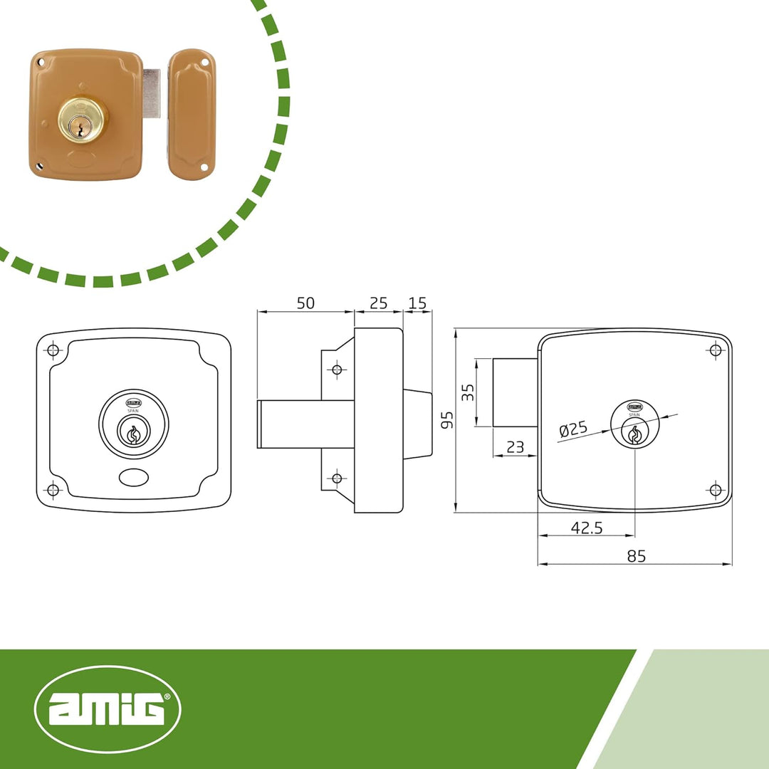 Amig - Aufschraubschloss DIN rechts mit Schliesshebel und Falle für Holztüren Mod. 72PU - 80 x 95 mm