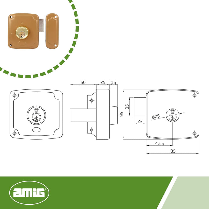 Amig - Aufschraubschloss DIN rechts mit Schliesshebel und Falle für Holztüren Mod. 72PU - 80 x 95 mm