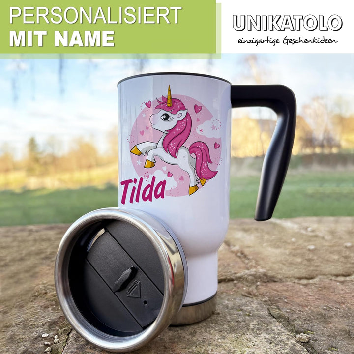 Thermobecher personalisiert mit Einhorn & Name, Isolierbecher individuell bedruckt, Coffee to go Bec