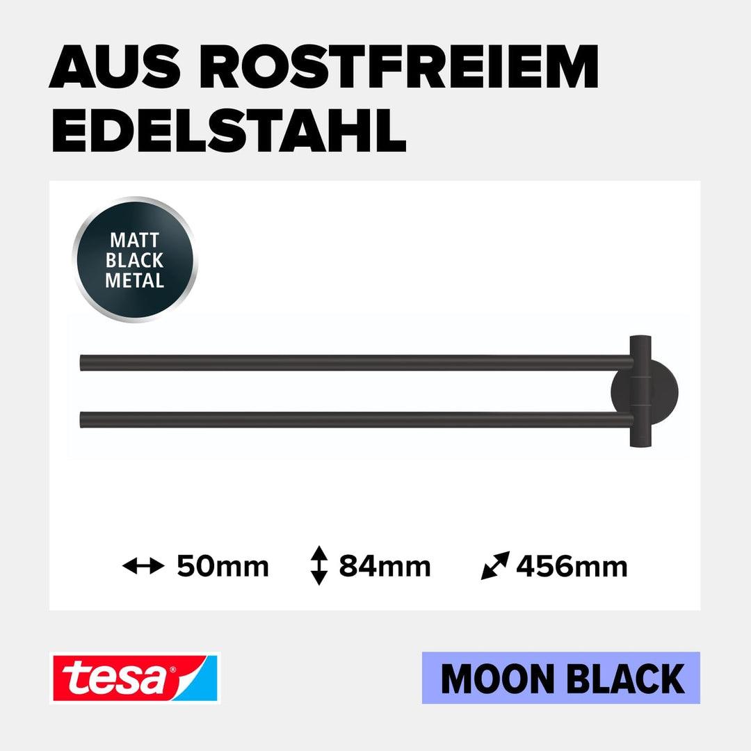 tesa MOON BLACK Handtuchhalter 2-armig, matt schwarz, für Bad &amp; WC - für Bäder im Industrial Style u