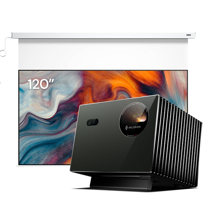 Anti-Speckle Valerion VisionMaster Pro2 4K Triple-Laser-Projektor Bundle mit 120" motorisierter Lein