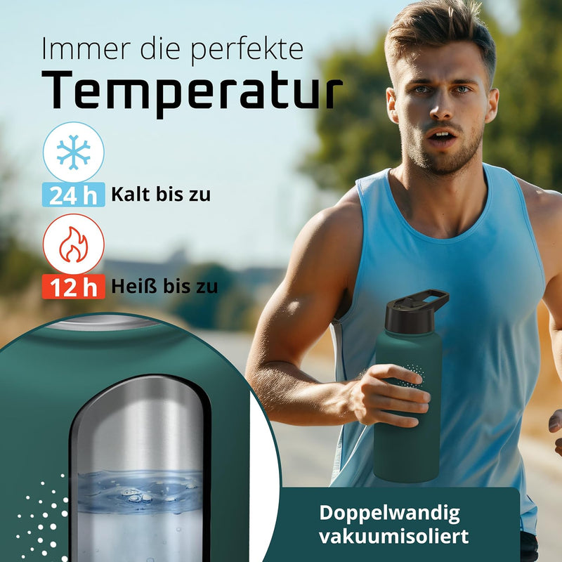 Trinkflasche Edelstahl ACTIVE FLASK + Strohhalm (3 Deckel) BPA-frei, Auslaufsicher, Kohlensäure geei