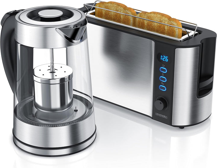 Arendo - Wasserkocher mit Toaster SET, Edelstahl Glas Wasserkocher mit Teesieb und wählbaren Tempera