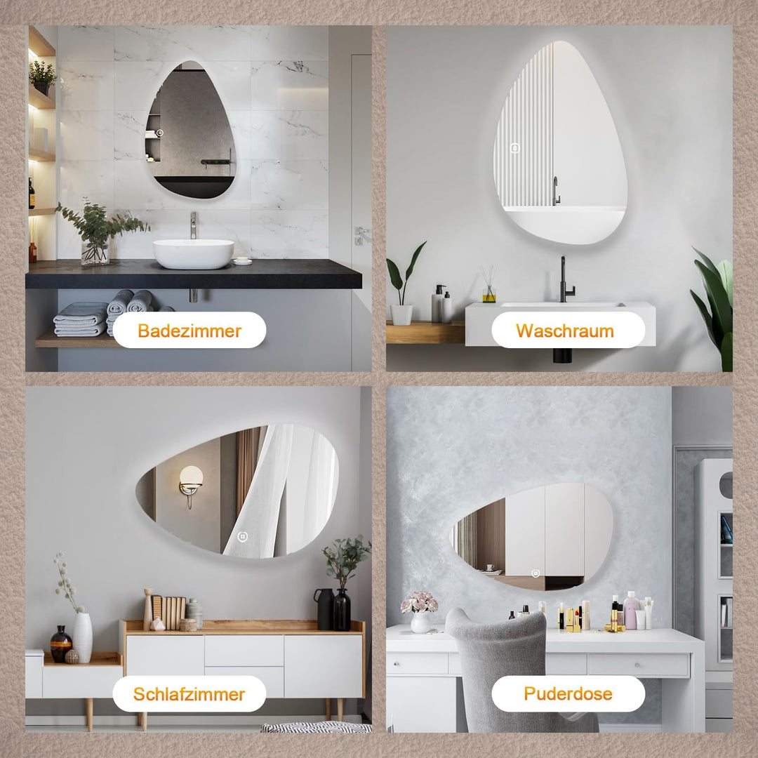 Boromal Unregelmässiger Form Asymmetrischer Spiegel mit LED Beleuchtung, Badspiegel mit Beleuchtung