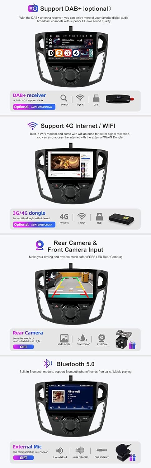 SXAUTO Android 12 IPS Autoradio Passt für Ford Focus (2012-2017) - Eingebaut Wireless Carplay/Androi