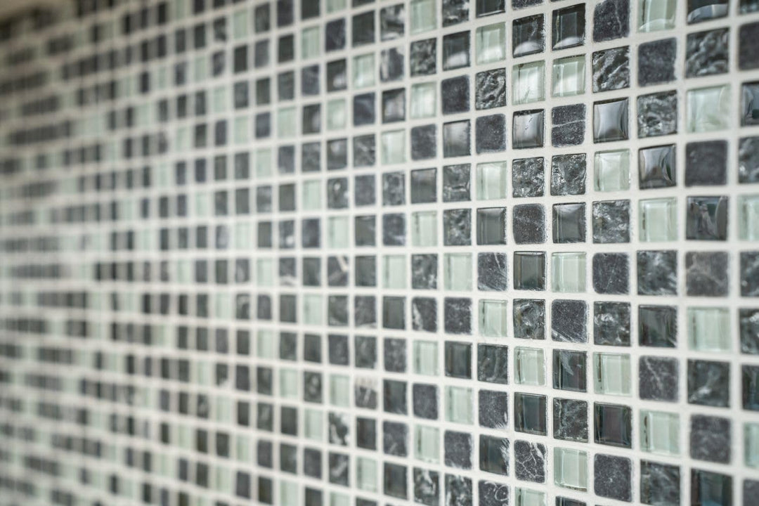 Mosaik Quadrat Crystal/Stein mix grau Glas Naturstein Fliesenspiegel, Mosaikstein Format: 15x15x8 mm